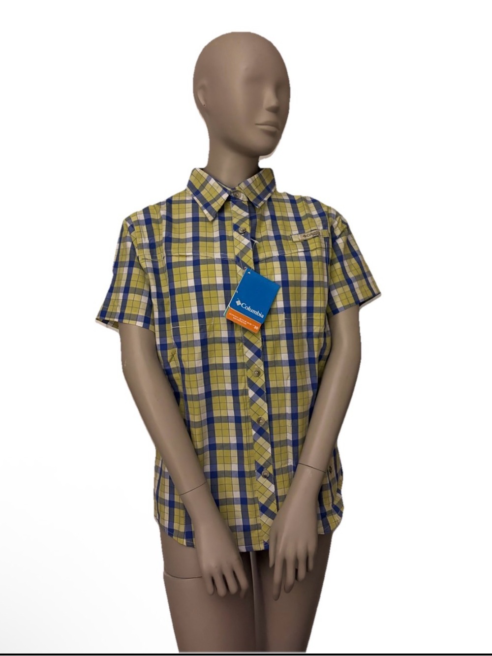 Columbia PFG OMNI-SHADE Yellow, Navy & White Plaid Short Sleeve Button-Up